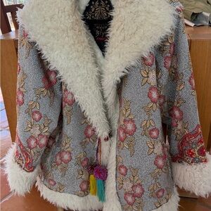 Johnny Was Metallic Floral Teddy Jacket with Faux Fur